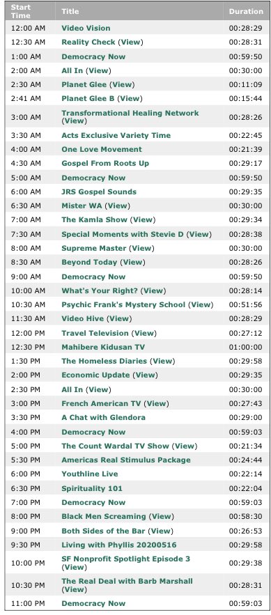 Hey SF Commons Community! Here’s the schedule for May 19th for channels 29 &amp; 76!
These shows can be viewed for SF residents on Comcast, AT&amp;T, and Wave or streamed/VOD online for nonresidents at 29.sfc.tv and 76.sfc.tv