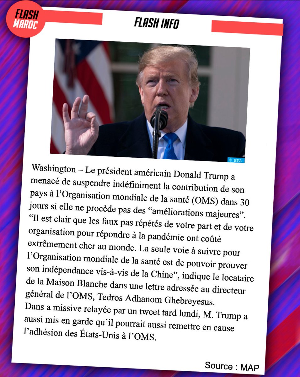 MarocFlash's tweet photo. Flash info  

 #coronavirus #covid #covid_19 #actu #news  #Flashmaroc #flashinfo #CoronavirusUSA  #newsusa #pandemie  #confinement #USA #usaCoronavirus #USAVirus https://t.co/ElfskQwx7p