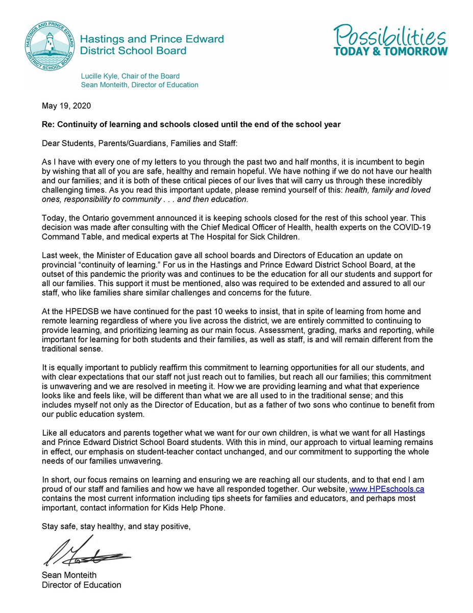 A letter from Sean Monteith, Director of Education to families about schools remaining closed, continuity of learning  hpedsb.on.ca/2020/directors…