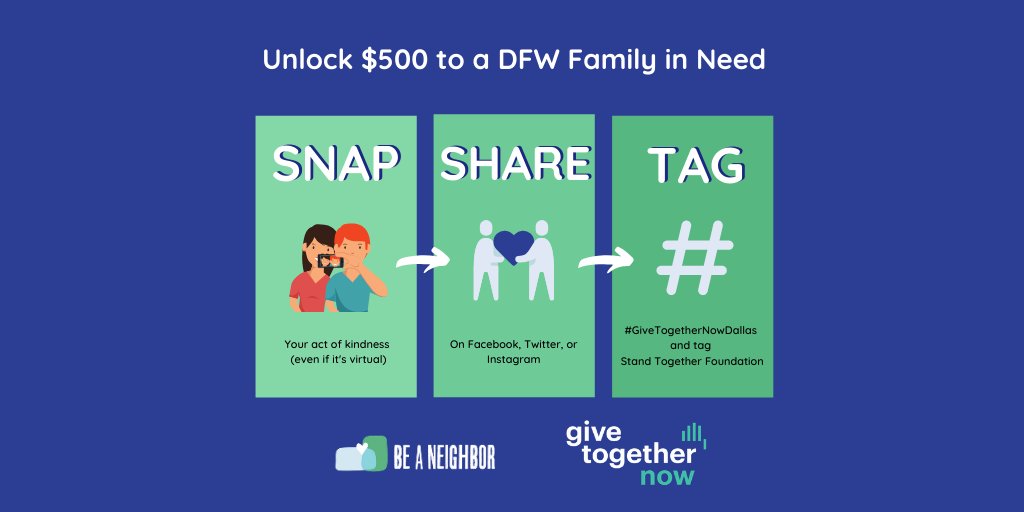 DFW! Do any act of kindness over the next 3 days and $500 will be given to a local family in need. We have $500k to grant and it can only be unlocked through serving! 
Visit beaneighborcampaign.com/DFW/ for more details on Dallas's #volunteergap
@_STFoundation
 #Givetogethernowdallas
