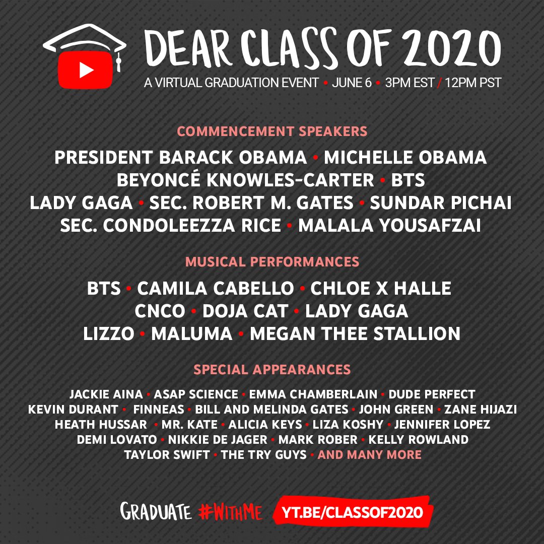 #DearClassOf2020 You’ve worked so hard for this moment and even more people want to celebrate you. Join us in a Graduate #WithMe livestream event just for you. June 6th 👉 yt.be/dearclassof2020