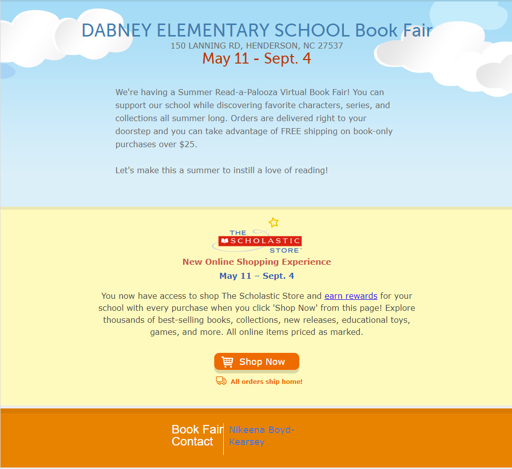 Support <a href="/DabneyElem/">DabneyElemSchool</a> by visiting our virtual book fair. Everyone could use a good book to read while we're home!
bookfairs.scholastic.com/bookfairs/cpto…
@dabneylibrary <a href="/oneomega/">Dr. Michael Putney</a> <a href="/joy_suther/">Joy Suther</a>