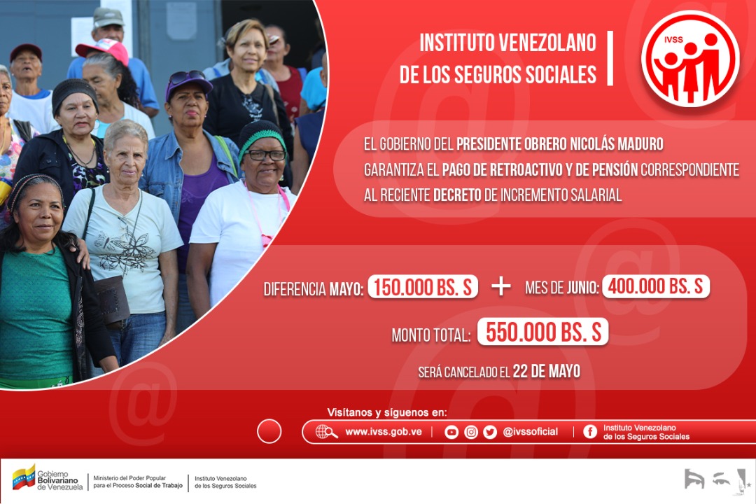 ivssoficial's tweet photo. Cumpliendo con las políticas de #SeguridadSocial instruidas por el presidente @NicolasMaduro se informa que este #Viernes #22Mayo será depositada la #Pensión correspondiente al mes de #Junio con retroactivo del mes de #Mayo #PorUnSeguroMásSocial @VSocialT @psuvaristobulo https://t.co/oxhT1cN2QP