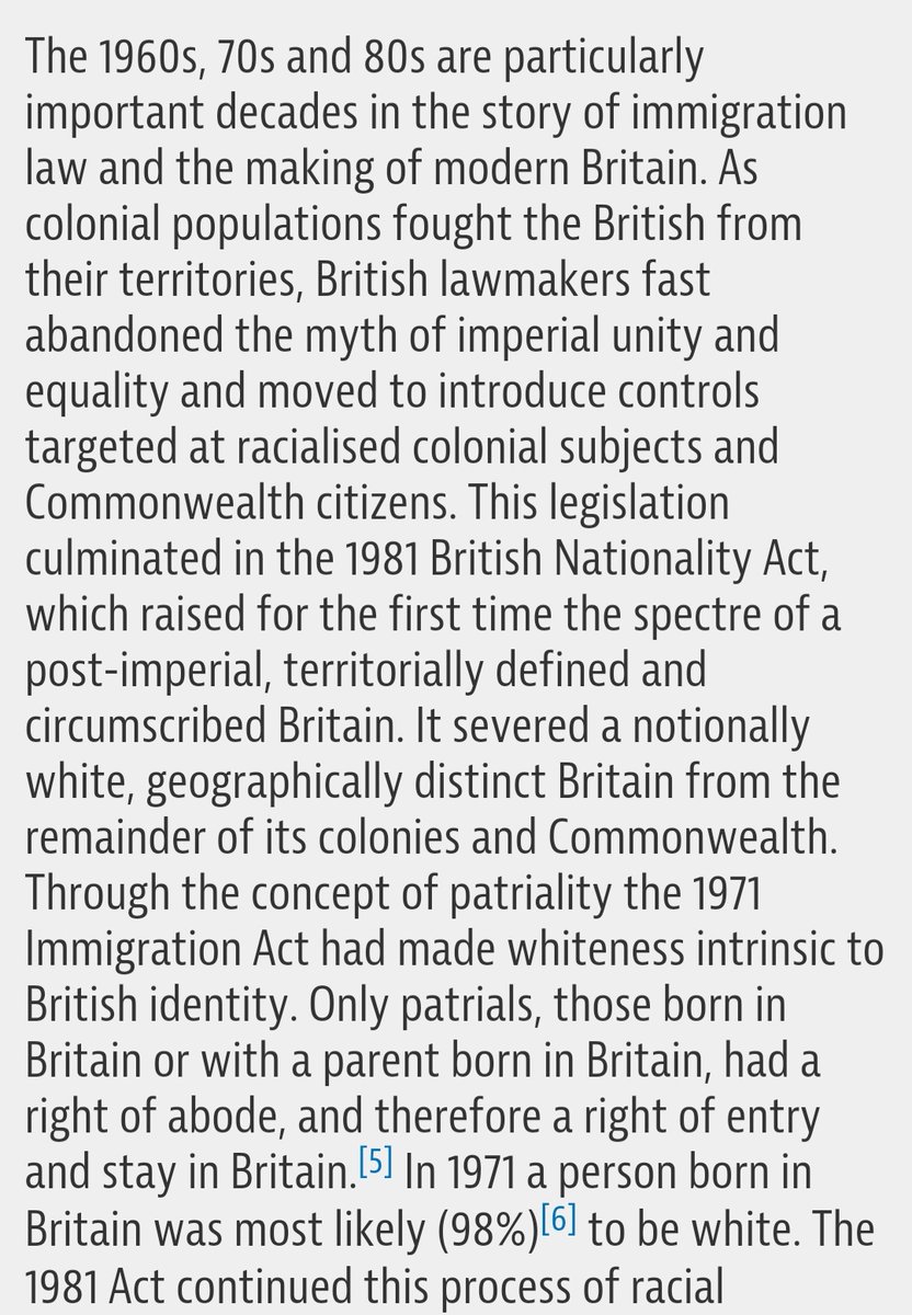 On the 1981 immigration act"The 1981 Act did not therefore signify an end to British colonialism but was itself a colonial manoeuvre. It was an act of appropriation, a final seizure of the wealth and infrastructure secured through centuries of colonial conquest"