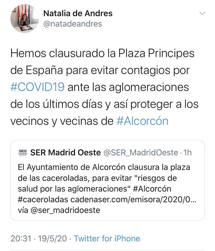 PedroMorenoGmz's tweet photo. Ante la llamada de varios vecinos de #Alcorcon que me expresan que la @PoliciaAlcorcon les impide la libre circulación por la Plaza Principes de España resulta que la Alcaldesa, cual dictadora, da orden de cerrar la plaza. Es una vergüenza la tiranía de este Gobierno. https://t.co/b3ocMycetz