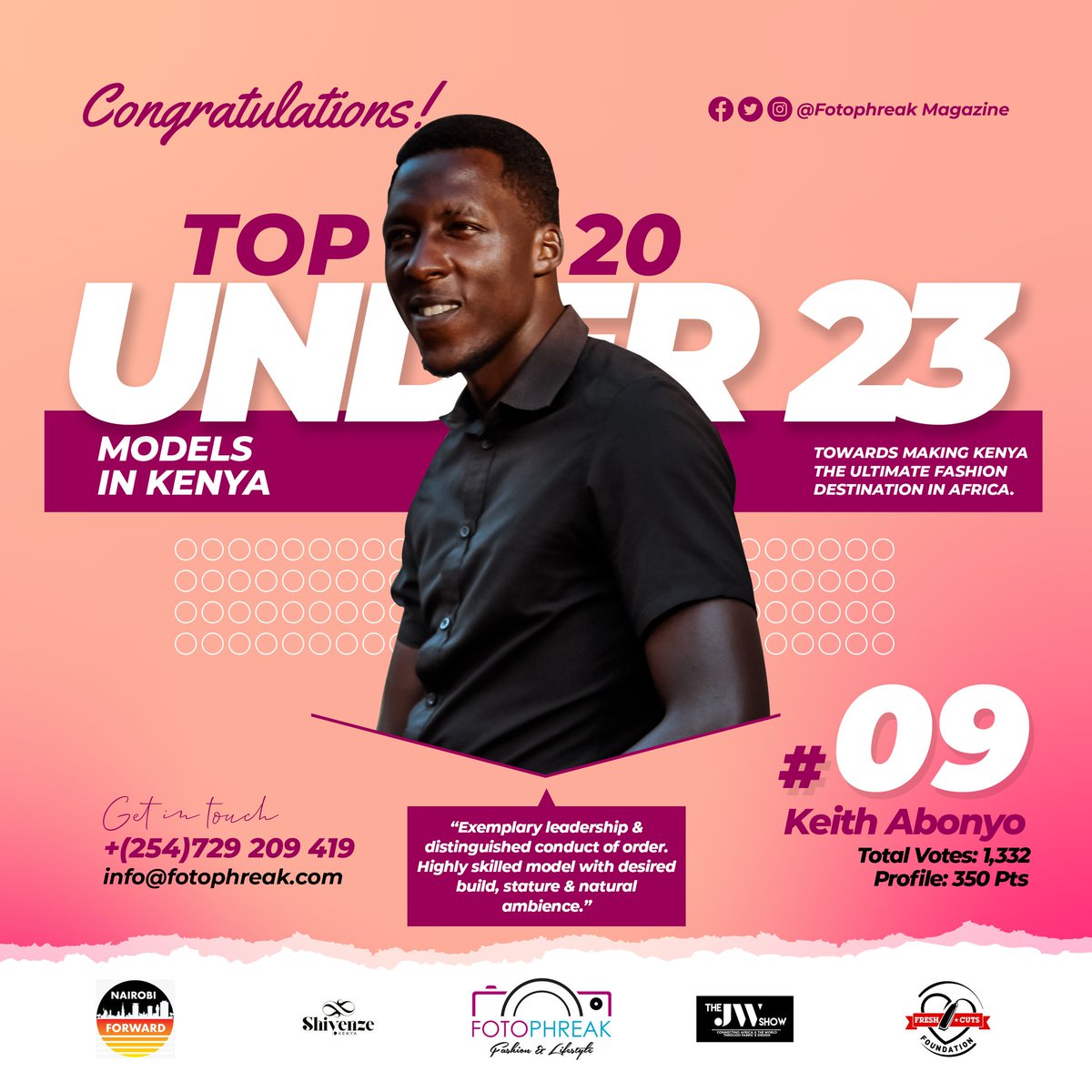 fotophreakmag's tweet photo. TOP 20 U23 MODELS IN KENYA
2020 
FINAL RESULTS
Pos. No: 09

Exemplary Leadership and Distinguished Conduct of Order
Highly Skilled model with desired build, stature and natural ambience. 

#Top20KenyanModels #Top20Under23Models
#edgarobare #Jalango 
#KenyanModels
#KenyaVsTanzania https://t.co/ejipCBJTWw