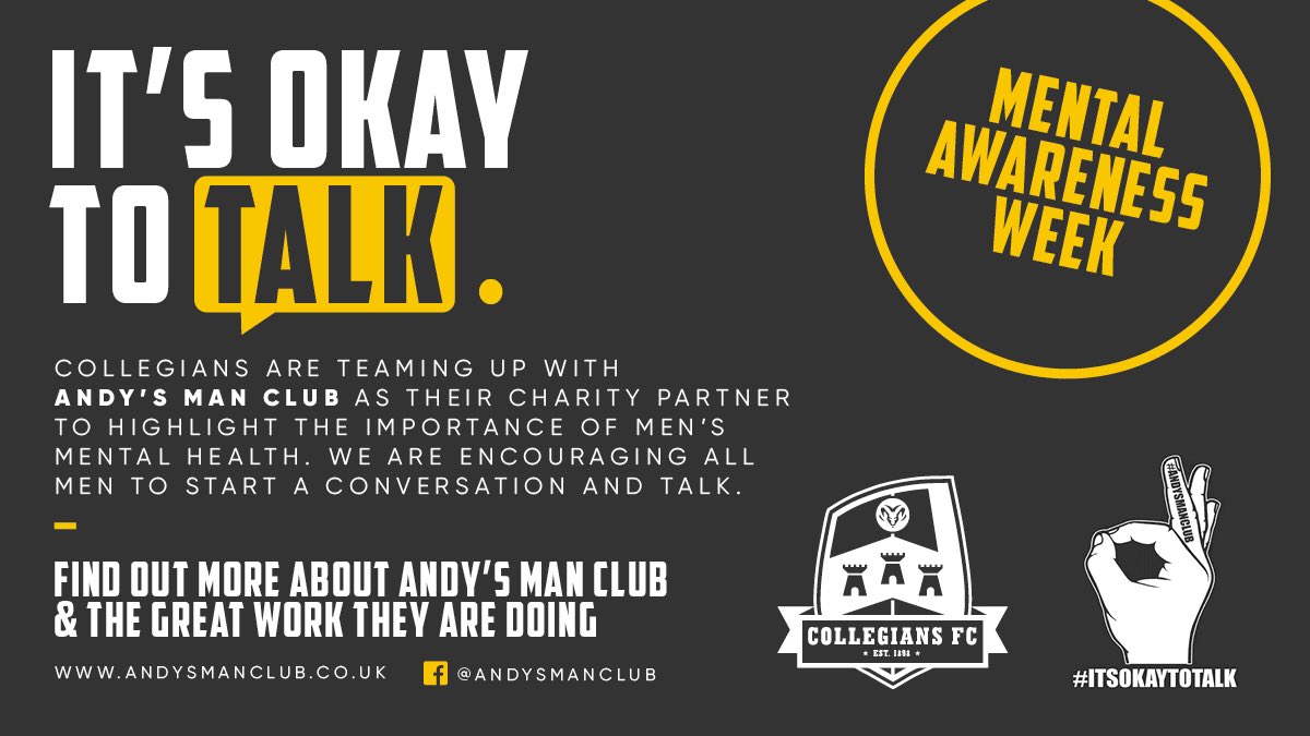 CollegiansFC1's tweet photo. CLUB ANNOUNCEMENT CONTINUED

We are honoured to be associated with a charity that provide fantastic support for men suffering with mental health issues. 🧠 

More to follow in due course and across the 2020/21 season. 🤝

#MentalHealthAwarenessWeek2020 #itsokaytotalk #UTC https://t.co/Nr9m9m2ygn