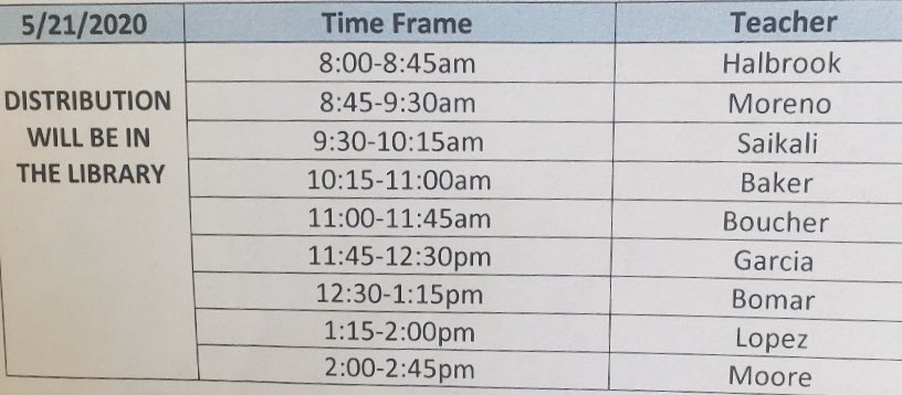FUSD_Juniper's tweet photo. Here is the Laptop Distribution schedule for Thursday May 21st! Parent and student must be present to pick up the laptops. You will also have the opportunity to pick up your student’s personal belongings. https://t.co/qUoCpegaJu