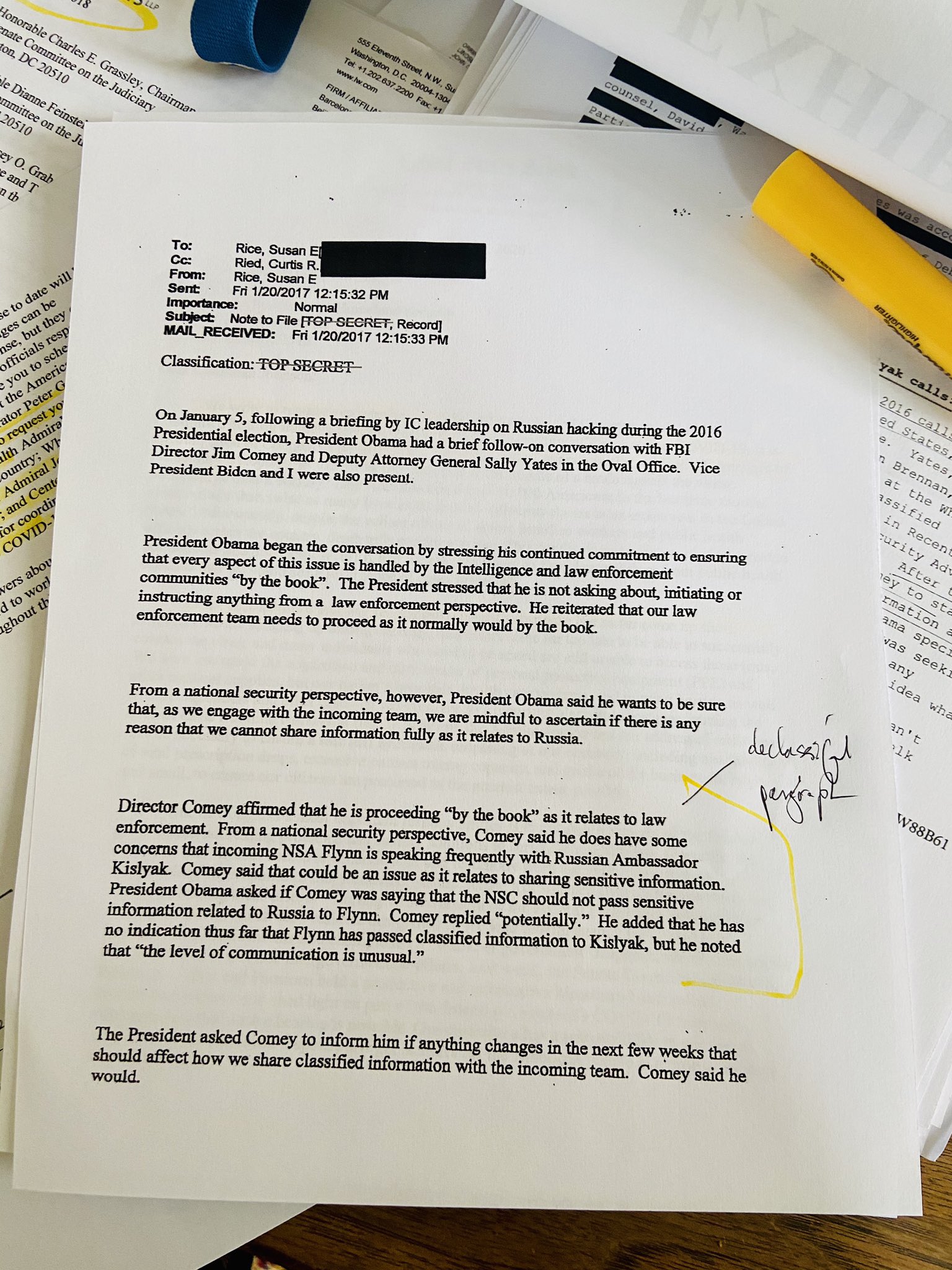 Declassified Susan Rice email documenting WH meeting on 1/5/2017 …