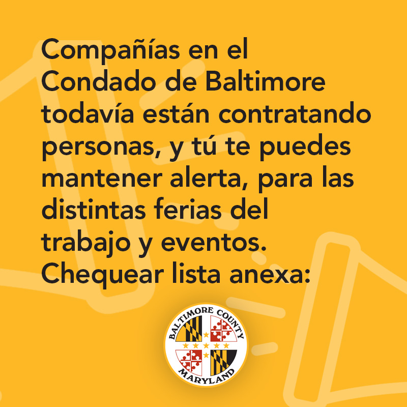 BaltCoGov's tweet image. Companies are still hiring in Baltimore County, and you can keep an eye out for upcoming job fairs and events here: 

Compañías en el Condado de Baltimore todavía están contratando personas. Chequear lista anexa:

baltimorecountymd.gov/Agencies/econo…