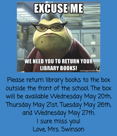 Brogden_PS's tweet photo. Hello There from Mrs. Swinson!
Please turn in your library books so that we can use them next year. I miss you all and hope you are staying safe!
Love,
Your BPS Little Lambs Librarian @BPSMediaCenter https://t.co/z6mikgtn6q
