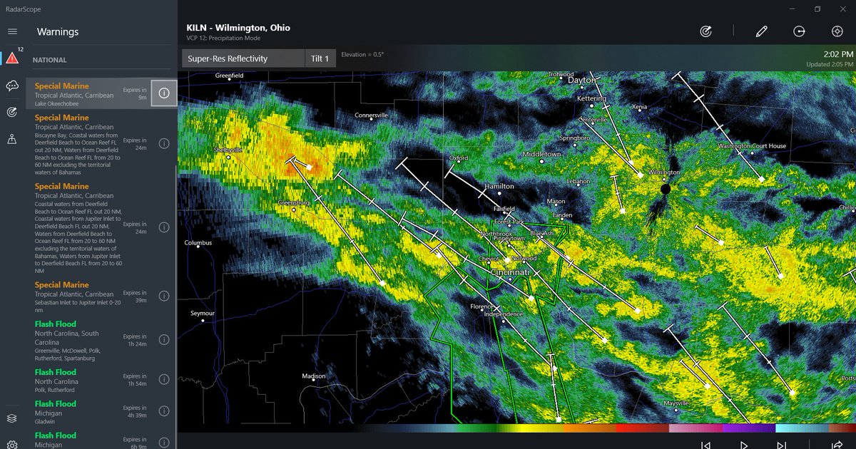 LouiseCarduner's tweet photo. With the @RadarScope app you can see all the storm warnings by just clicking on the "storm report" button.
I learned about this app at #AIM19 from @snodgrss
If you like to follow storms and learn about weather this is such a great app. https://t.co/MyXX0GvGBI