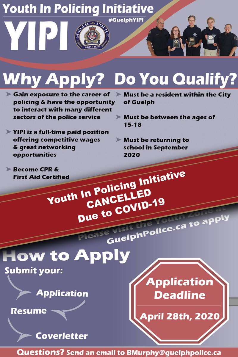 The #GuelphPoliceService would like to thank all the students who applied for the 2020 #GuelphYIPI. Unfortunately though, the program has been cancelled due to #COVID19. We look forward to continuing #YIPI next summer in 2021.

#Guelph #COVID19Guelph #YouthInPolicingInitiative