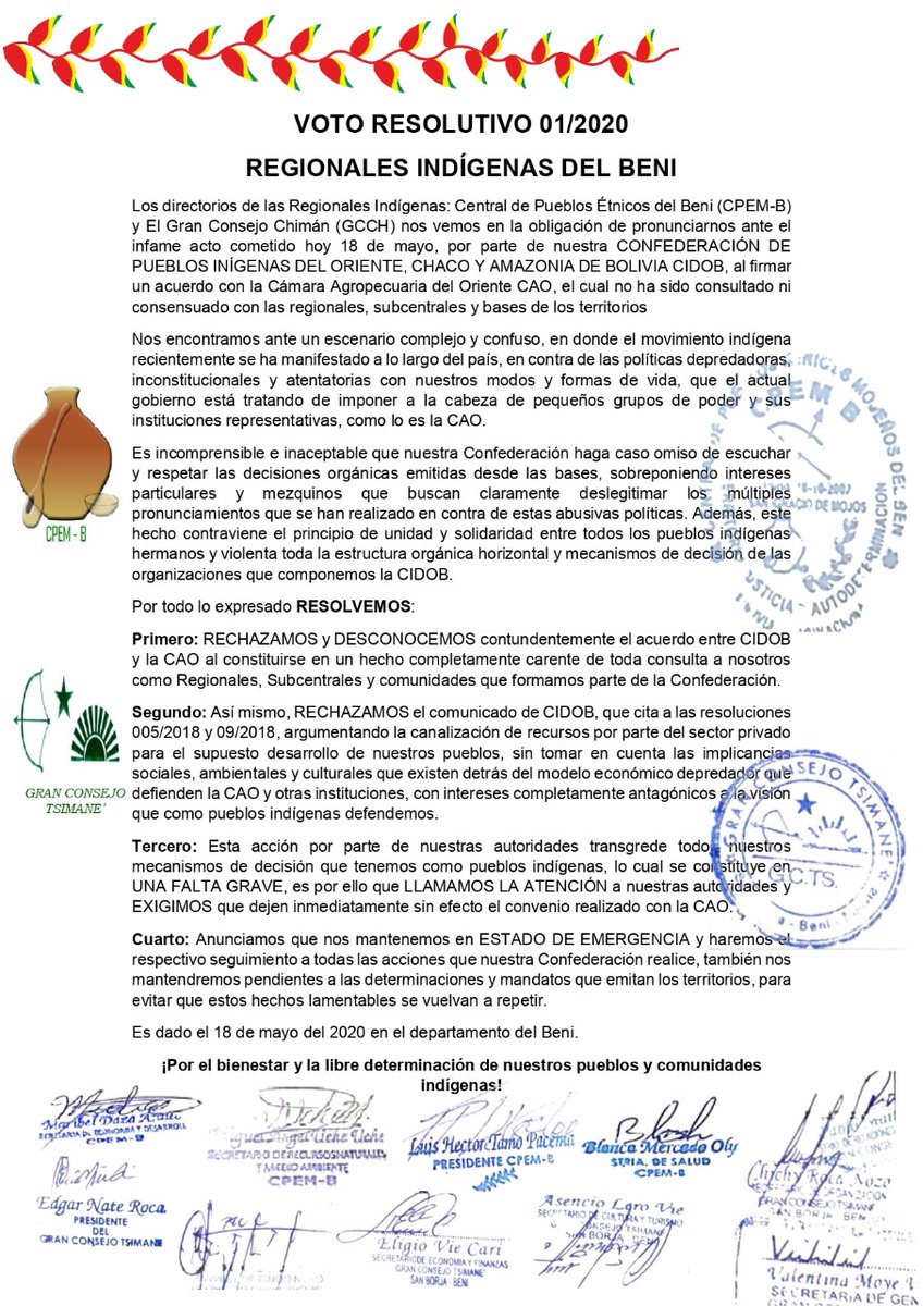 Codapma1's tweet image. Las regionales de la amazonía (#Cirabo, #Cpemb, #Chimanes) y #Guaraníes rechazan el convenio de la #CAO con la #Cidob. Consideran que es una alta traición y exigen eliminar el acuerdo por no haberse discutido sin consulta y entre 3 personas del directorio

#NoTransgénicosEnBoliva