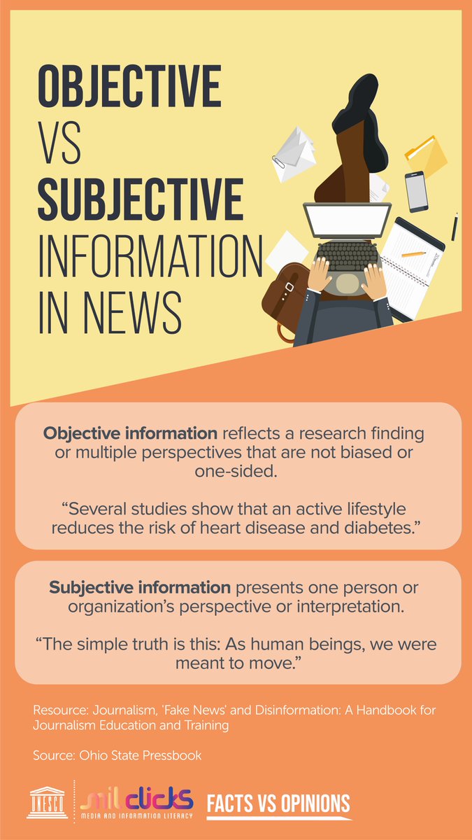 💻 Is the information in the news objective? Or is it a subjective statement?

This thread is part of UNESCO Bangkok’s campaign on disinformation, in collaboration with UNESCO Myanmar Office &amp; <a href="/UNinMyanmar/">United Nations in Myanmar</a>.

Infographic by <a href="/MILCLICKS/">UNESCO Media & Information Literacy</a>

#ThinkBeforeSharing #DontGoViral
