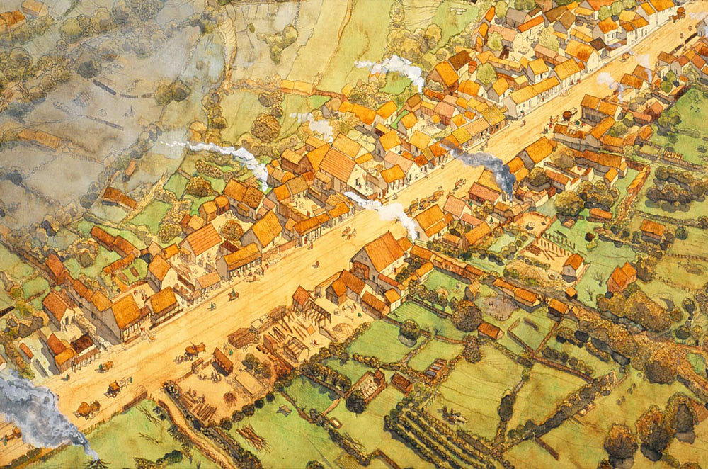 A stately neighborhood in Bibracte (basically a town still mostly in the Iron Age), 1st century A.D. Gaul. Julius Caesar stayed here during the winter of 52-51 B.C. and wrote his Commentaries on the Gallic War. Roman style chimneys still rare. Illustration by Jean-Claude Golvin.