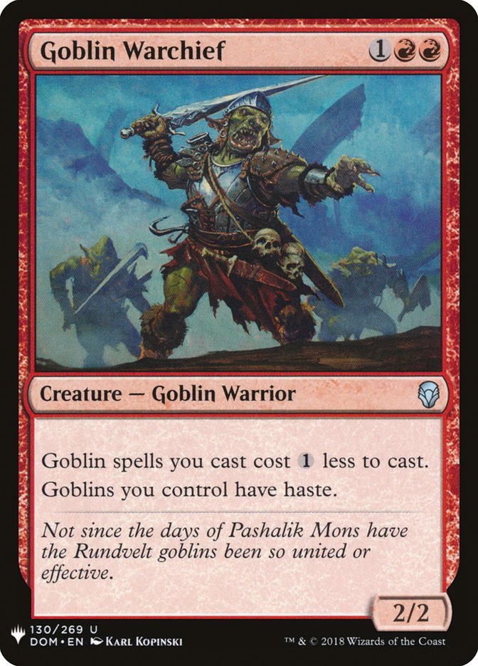 Again, Pavor Nocturnus came to the rescue with the vital clue! Goblin Warchief is CLEARLY wielding a looted Benalish sword, and is identified in flavor text as a Rundvelt goblin.