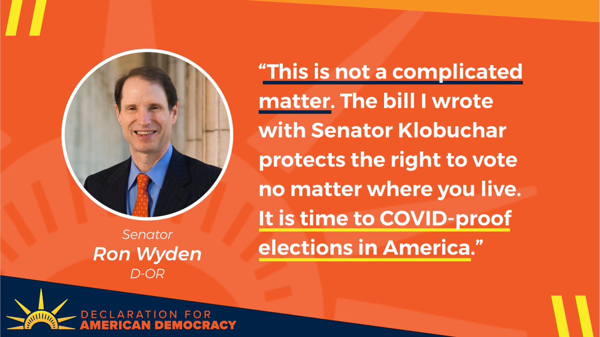 Sen @RonWyden’s home state of Oregon has been a pioneer in voting accessibility. Help him COVID-proof our elections — call your Senators NOW at 1-888-415-4527 and urge them to ensure election funding in the new COVID package and #ProtectOurVote.