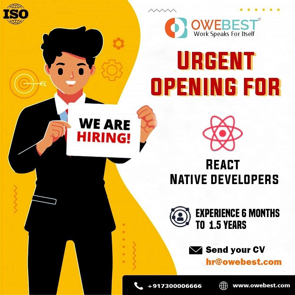 lookingITjobs's tweet photo. Hi All,
We have urgent openings for React Native Developer.
Required Experience: - 6 Months to 1.5 years.
Share your resume at HR@owebest.com
For more information visit our website: https://t.co/6Iy2KCdoMk
#developer #vacancy #jaipur #reactnativedeveloper #mobileappdevelop https://t.co/SxLfh2qtDQ