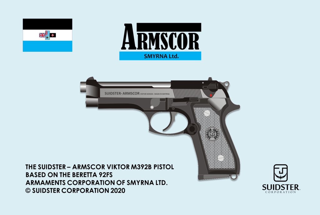 Suidster's tweet photo. The Suidster - Armscor Viktor M392B pistol by the Armaments Corporation of Smyrna Ltd. , our weapons and defense tech division. https://t.co/oqI04yCgw4