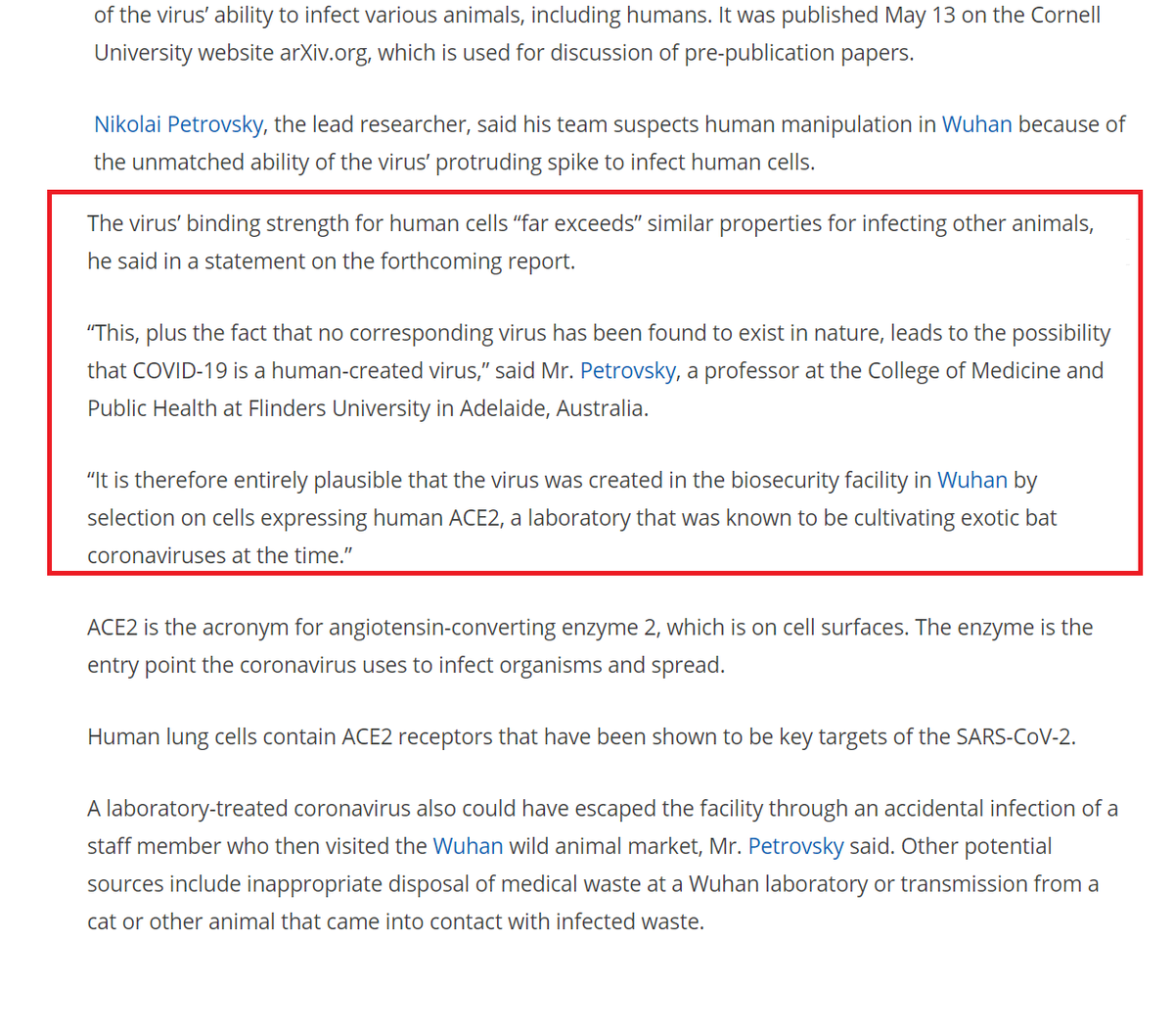 15) Does POTUS have evidence that covid-19 was developed as a bioweapon?What would happen if that information were made public?How do you prevent a war? https://www.washingtontimes.com/news/2020/may/21/australian-researchers-see-virus-design-manipulati/