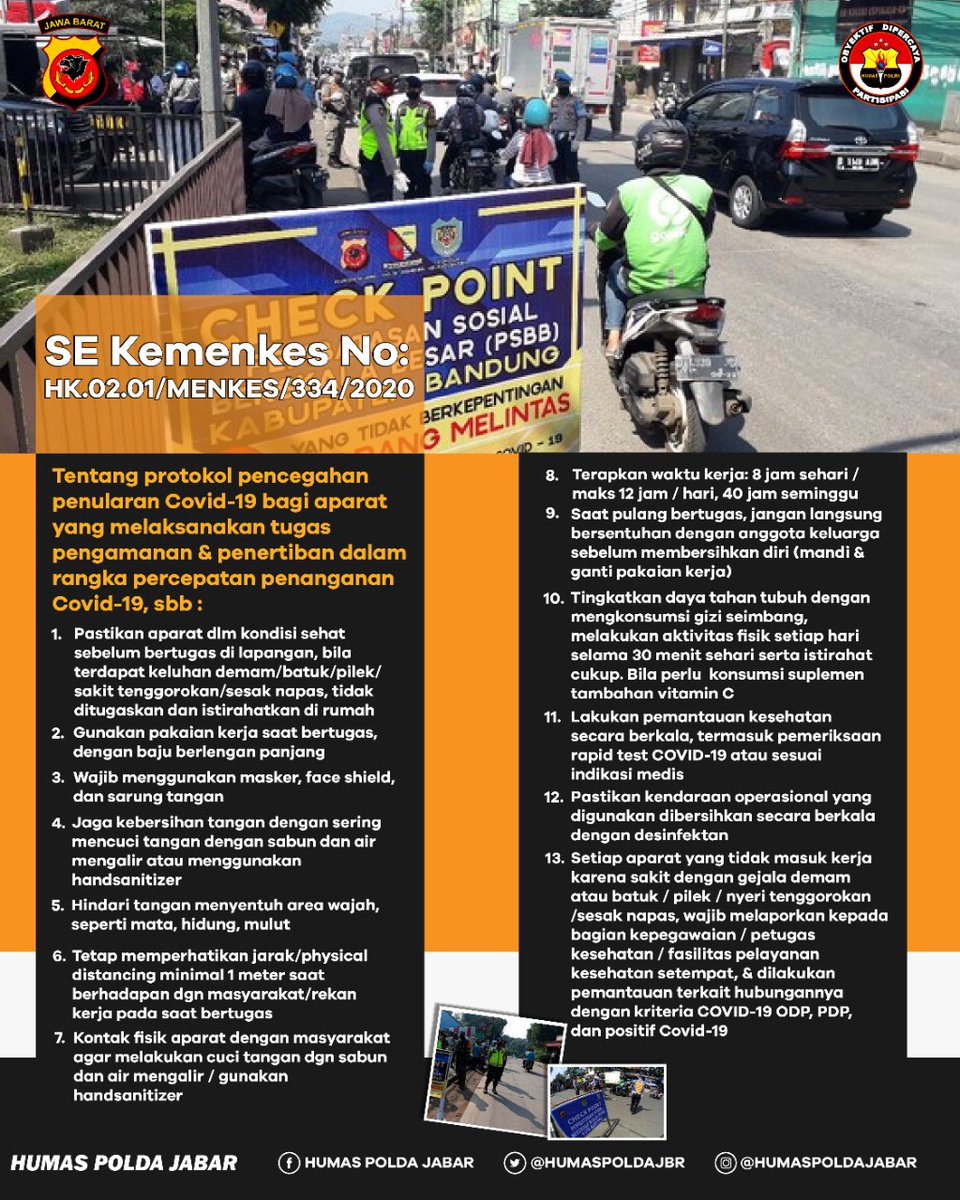 humaspoldajbr's tweet photo. SE Kemenkes No: HK.02.01/MENKES/334/2020 ttg protokol pencegahan penularan Covid-19 bagi aparat yang melaksanakan tugas pengamanan &amp; penertiban dalam rangka percepatan penanganan Covid-19 https://t.co/BDgTEiu7Sb