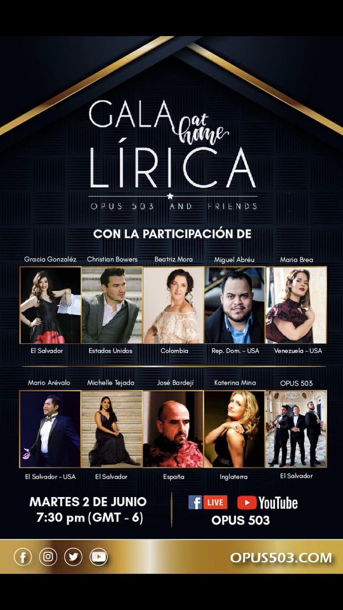 mariorarevalo's tweet photo. El Salvador tendrá su primera Gala Lírica Internacional y la podrán disfrutar desde sus casas. #opera #opus503 #arte #cultura #musica #elsalvador #quedateencasaconcierto https://t.co/gZBu2ybGJV