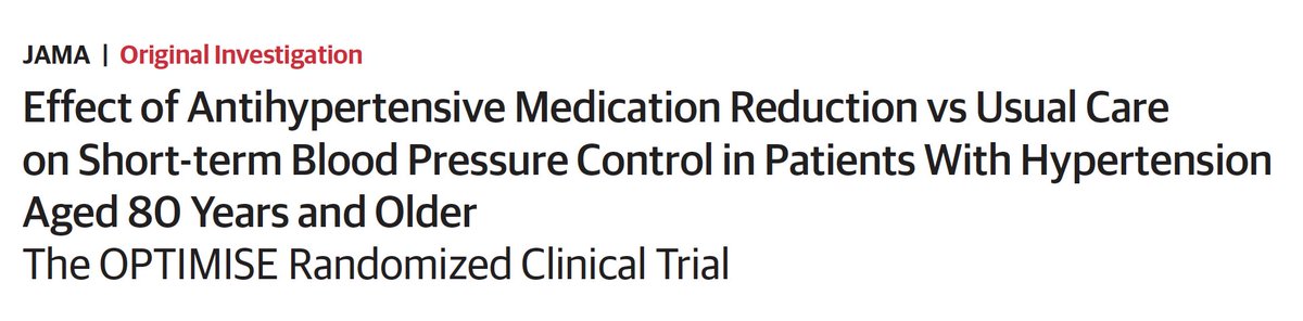 Some thoughts on OPTIMISE trial just published in JAMA - RCT of deprescribing hypertension meds in adults age 80+ with SBP<150. https://jamanetwork.com/journals/jama/fullarticle/2766421 @ParagGoyalMD  @cardskrish  @TimAndersonMD  @AnilMakam  @DeprescribeUS  @Deprescribing  @Reeve_Research 1/n
