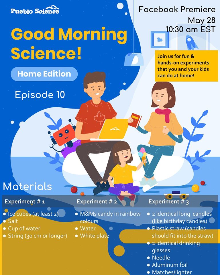 puebloscience's tweet photo. 1, 2, 3, 4, 5, 6, 7, 8, 9, 10!!!
This Thursday will be episode number 10 of #GoodMorningScience where we do #ScienceFromHome while we #StayAtHome. Grab the materials, and join us 10:30am EST on our Facebook page for a live 30min #Science activity.
https://t.co/qLGYsj4k4F https://t.co/2Zi8jf2BwE