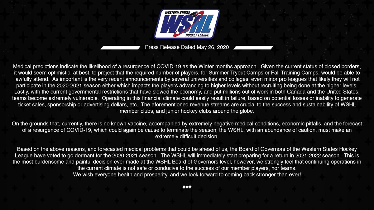 WSHLHockey's tweet photo. The WSHL will be going dormant for the 2020-2021 season, and begin plans for a 2021-2022 return. https://t.co/La04dRGPlO