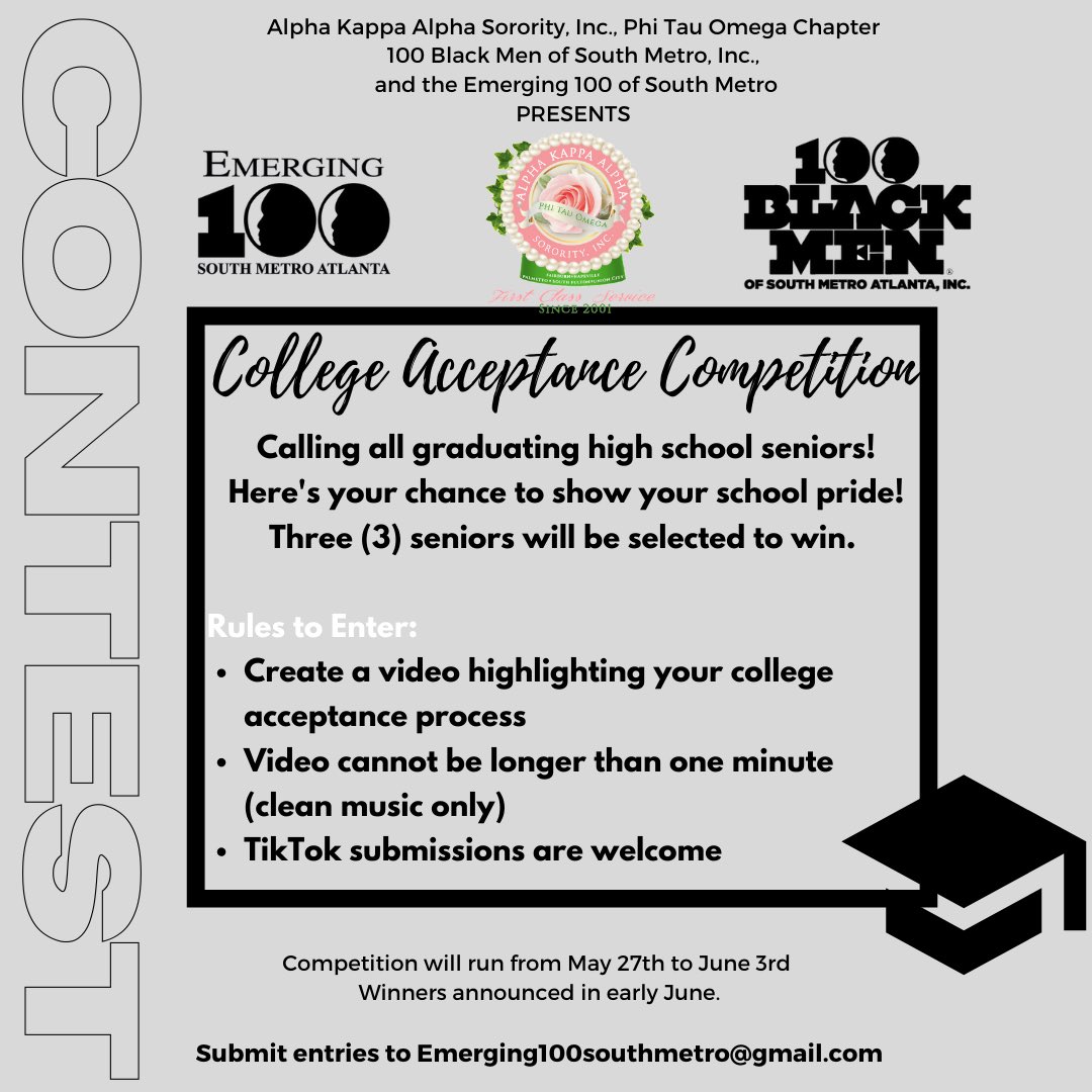 AKAPhiTauOmega's tweet photo. PTO proudly partners with the 100 Black Men of South Metro and the Emerging 100 of South Metro to celebrate our high school graduates. We can't wait to see your college acceptance submissions!  #AKAPTO #AKA1908 #CAP #HBCUBound #CollegeBound #100BlackMen #emerging100 #Classof2020 https://t.co/cksNGzM4aN