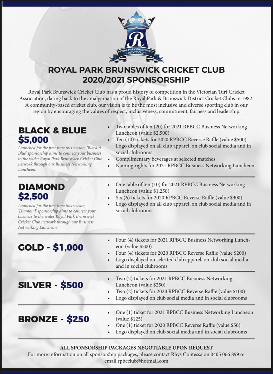 RPBCC is excited to launch our 2020/21 sponsorship packages.

Ranging from major club sponsorship to social membership, we’ve got all bases covered!

For more information, please contact RPBCC President Rhys Contessa on 0405 066 899 or email rpbcclub@hotmail.com.