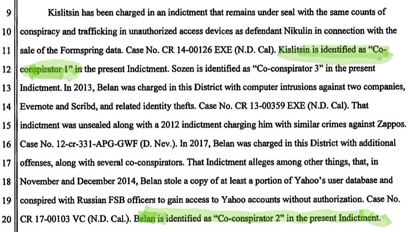 3/ Notably, Belan was the co-conspirator in the notorious October 2016 Yevgeniy Nikulin indictment that vouched for Nikulin to "Co-conspirator 1", Nikita Kislitsin.