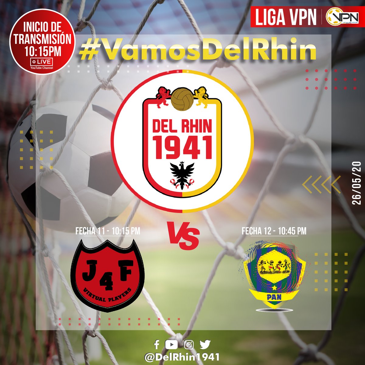 DelRhinEsports's tweet photo. Hoy es noche de liga VPN - Fecha 11 y 12! 🎮🏆 @VPNGlobal
Los invitamos a seguirnos EN VIVO por nuestro canal oficial de YouTube desde las 10:15 pm ⏰
✨ No olvides suscribirte 💪🏻💪🏻
https://t.co/KSL1cK72Sc
#VamosDelRhin #ProClubs #Fifa20 #CopaVPN https://t.co/tNzLWOtigW