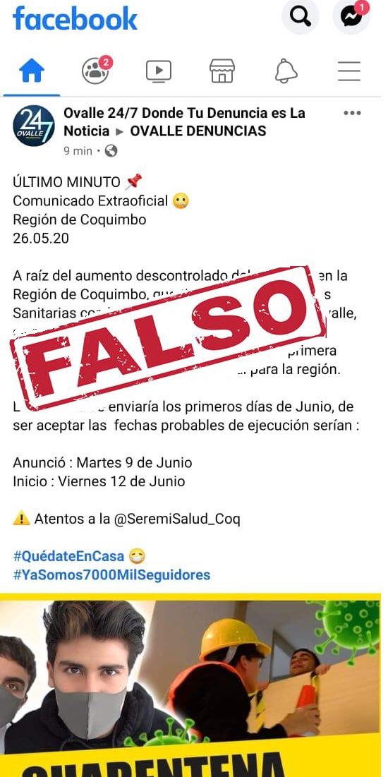 Nuevamente me toca desmentir una noticia falsa difundida en redes sociales: ⚠️NO hemos definido cuarentena total para la #RegionDeCoquimbo⚠️ Además, todas las medidas implementadas para enfrentar la pandemia serán oportunamente informadas por <a href="/GobiernodeChile/">Gobierno de Chile</a> y <a href="/ministeriosalud/">Ministerio de Salud</a>