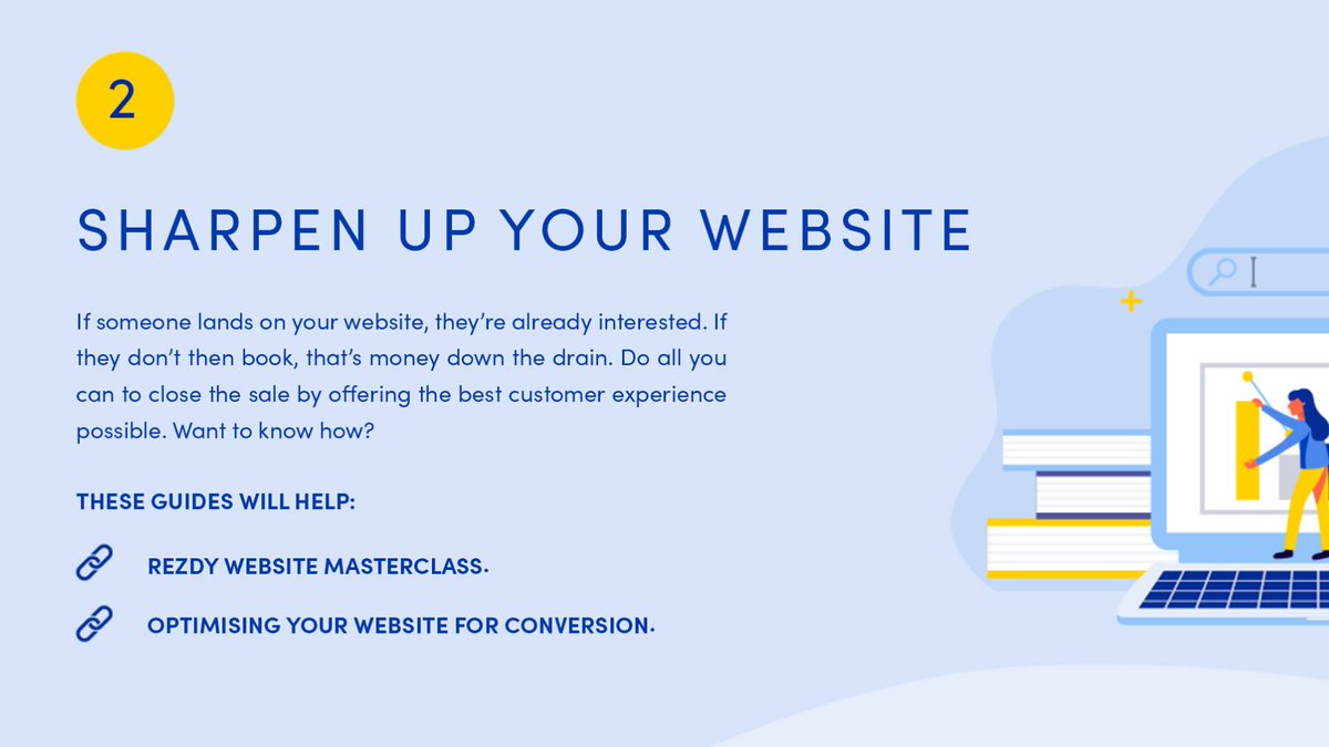 rezdy_com's tweet photo. Step 2: #marketing makeover for #tourism operators. Sharpen up your #website. #design & #UX #hacks to optimise your website for conversions. See full #infographic with resource links here: https://t.co/obd4ObCIvW #together4tourism #CRO #digitalmarketing #digitialdesign #webdesign https://t.co/2hkEn6OFg6