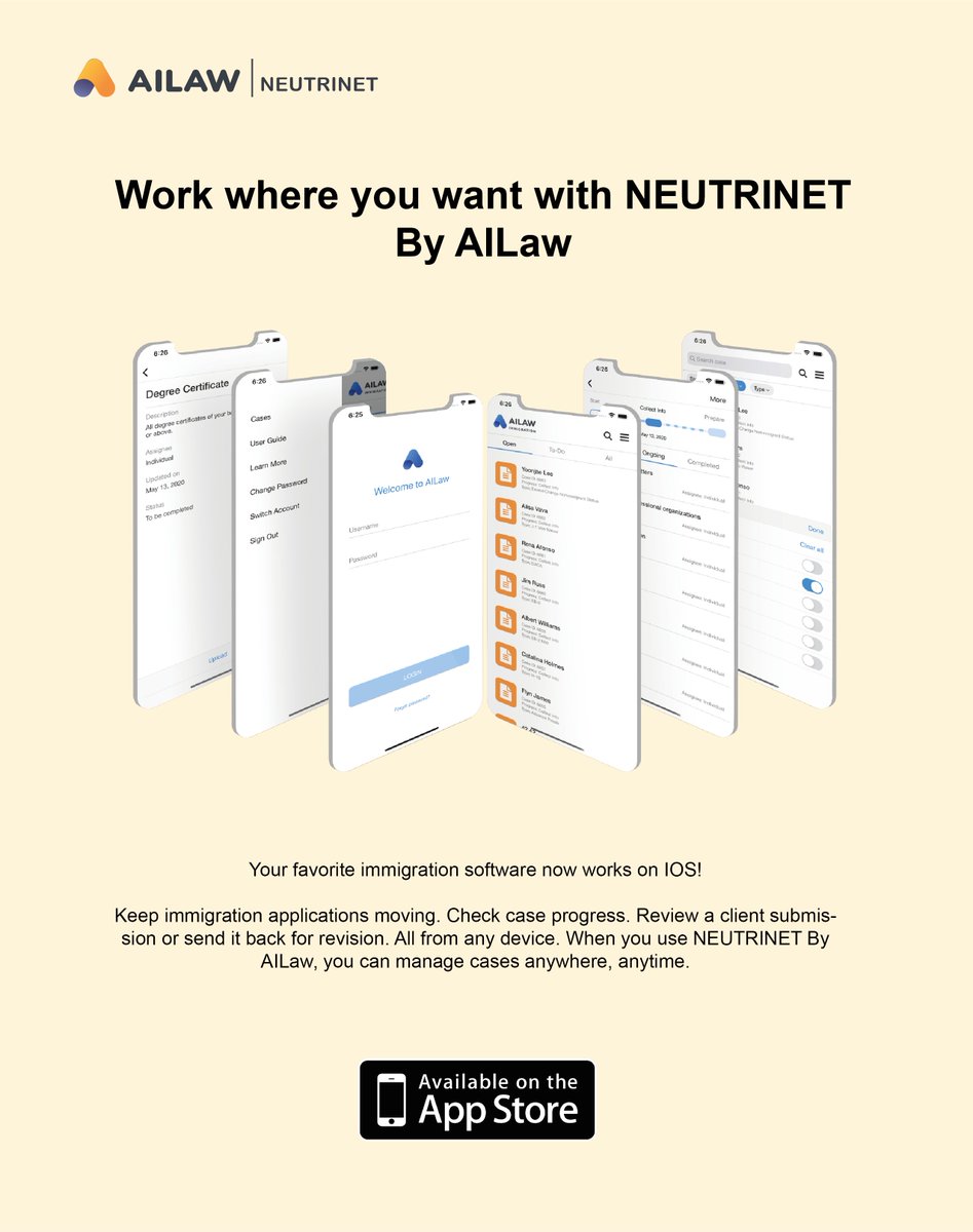 AiLawInc's tweet image. Do not have a laptop with you while traveling? No problem! NEUTRINET mobile app has been released - you can easily access the case information through your mobile phone. Schedule a demo here: lnkd.in/e8DXxAc #immigrationsoftware #immigrationapp