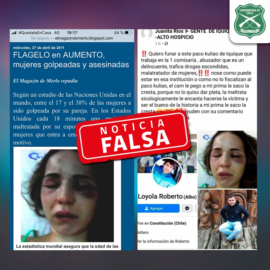 #NOTICIAFALSA: Respecto a la publicación difundida en la que se acusa la agresión a una mujer por parte de un funcionario de la 1ra. comisaría #Iquique, informamos que la imagen corresponde a una revista argentina del año 2011. Llamamos a verificar las fuentes de la información.