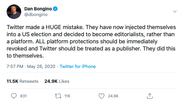 I'll make a thread of Trump-defenders who wave their free speech flag but don't even understand how 1A only limits government speech and not private actors like Twitter. Not to mention Twitter only labeled the false info which we prefer rather than deleting it. here is  @dbongino.