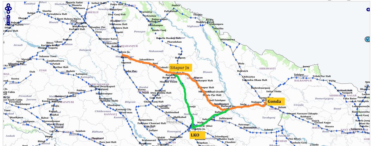 Freight trains planned on routes as per traffic density. Ex One can reach Gorakhpur from New Delhi by either Moradabad-Sitapur-Gonda route of Moradabad-Lucknow-Barabaki route. In case of goods trains, the moment Sitapur route gets congested, trains are sent to LKO-BBK route. 2/n