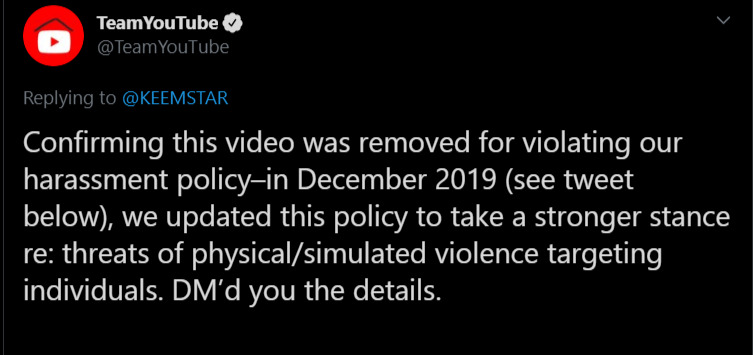 Then YT confirms it as harassment.Now it's either H3 is getting preferential top secret treatment or he is in a group that is & we just don't know it.Or it's legit in violation, the timing is coincidental & just unfortunate for H3. No one will give him that but it is possible.