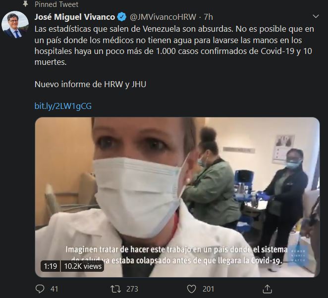 HRW and John Hopkins University (JHU) have teamed up to pile on the condemnation of the handling of the COVID-19 in Venezuela, with HRW Director describing current data as “absurd”. Argument is that in a country with a deteriorated health system 1k cases and 10 deaths are too few