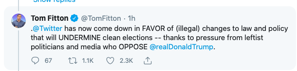 here is  @TomFitton, again no legit arguments here. Twitter isn't picking any side except labeling what they determined to be a blatantly false claim which impacts election integrity. If anything they waited too long and I expect their concern about Trump's rage held them back.