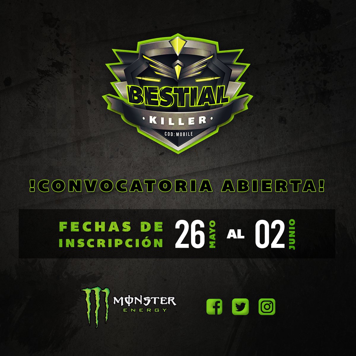 Inscríbete en nuestro torneo Bestial Killer COD Mobile, comprando una lata de Monster y registrando tu factura de compra a través del siguiente formulario forms.gle/qhtQuaqyrACovP….
¡PARTICIPA! 
Tenemos increíbles premios para los 5 primeros puestos.