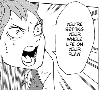 in ch 375, hinata has a flashback of kenma who tells him "if you get boring, i'll drop you,"it's then curiously followed up by heitor revealing to hinata he is planning on proposing if they win! (and hinatas reaction is quite ironic)