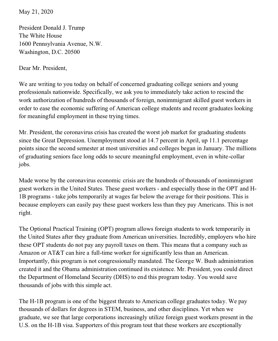 Full Letter From College Organizations Calling On President  @realDonaldTrump to Halt H-1B Visa, OPT Program"You can make this right by ending the OPT program and suspending the H-1B program."  #ExpandTheBan