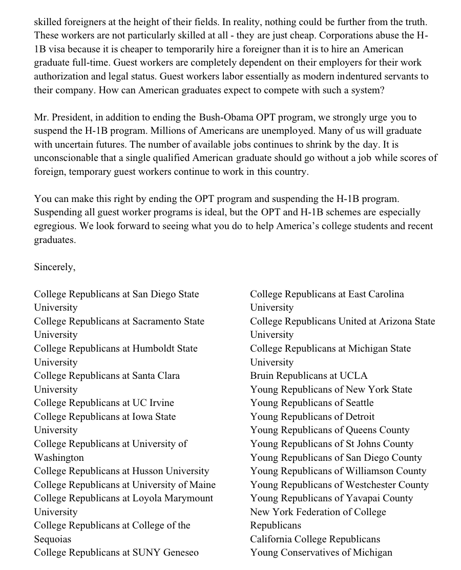 Full Letter From College Organizations Calling On President  @realDonaldTrump to Halt H-1B Visa, OPT Program"You can make this right by ending the OPT program and suspending the H-1B program."  #ExpandTheBan