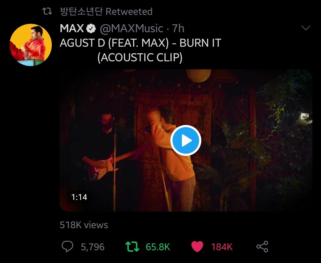 SUGAnews93's tweet photo. The official BTS account @BTS_twt just liked and retweeted @MAXMusic's "Burn It (Acoustic Clip) tweet. 

Yoongi, is that you? 👀🥺

#BurnIt #FtMAX #AgustD #D2 #SUGA https://t.co/8PM0ieR2CU