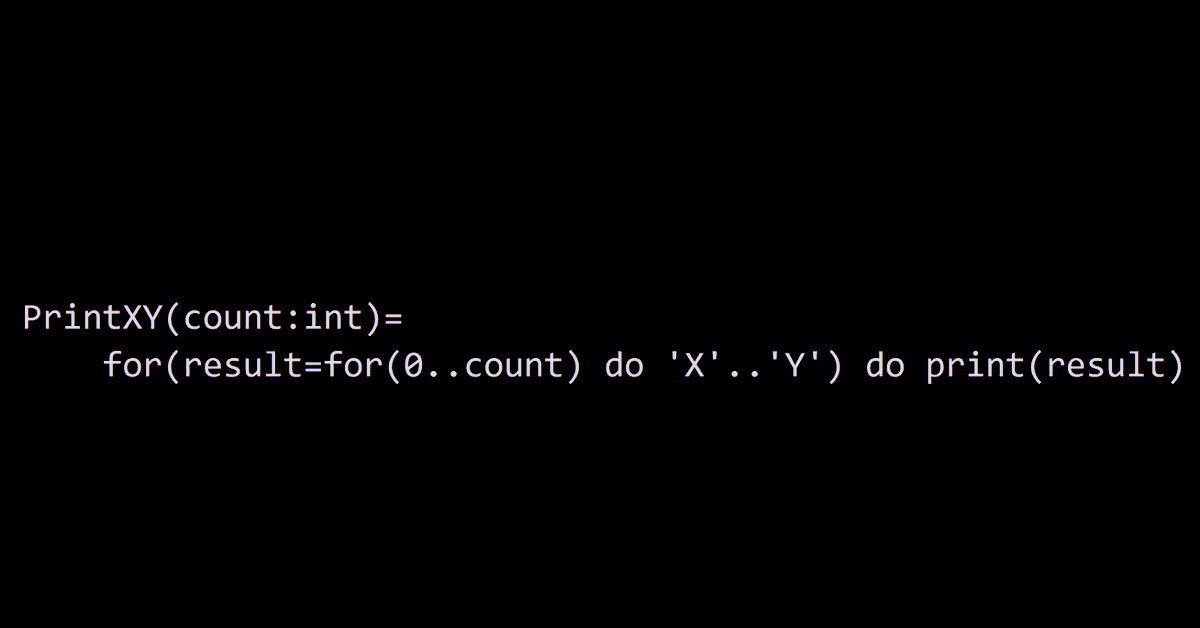 New expressive power comes from our ability to nest choices inside of loops, where each iteration explores all choices. Then we can variably "exponentiate", and write PrintXY as: