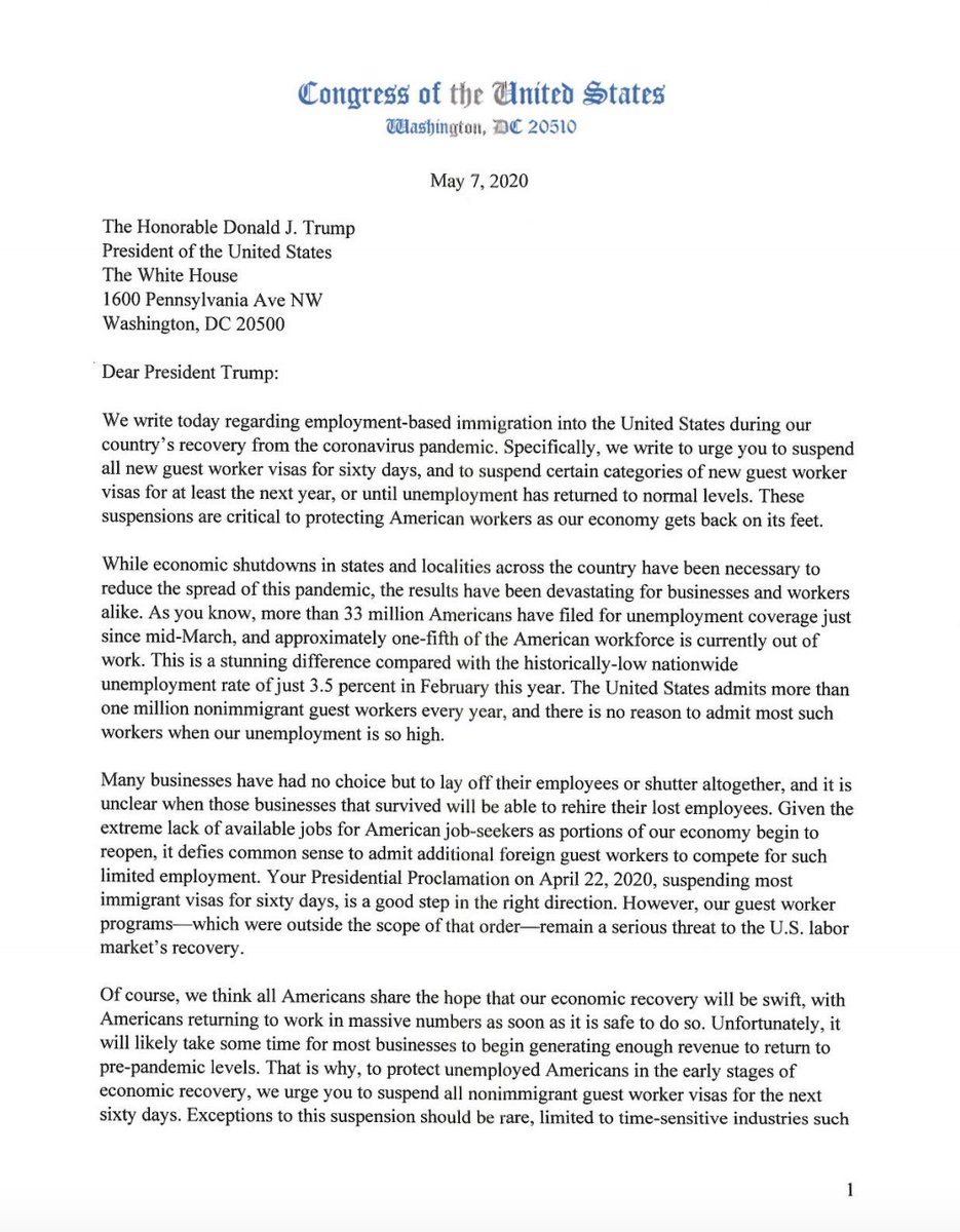 Letter from Senators  @HawleyMO,  @TomCottonAR,  @ChuckGrassley,  @tedcruz:"As we work toward recovery, we urge you to keep the American worker in mind and limit the importation of unnecessary guest workers while American families & businesses get back on their feet."